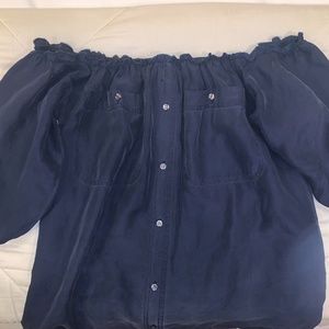 Reformation Off the Shoulder Navy Silk Top
